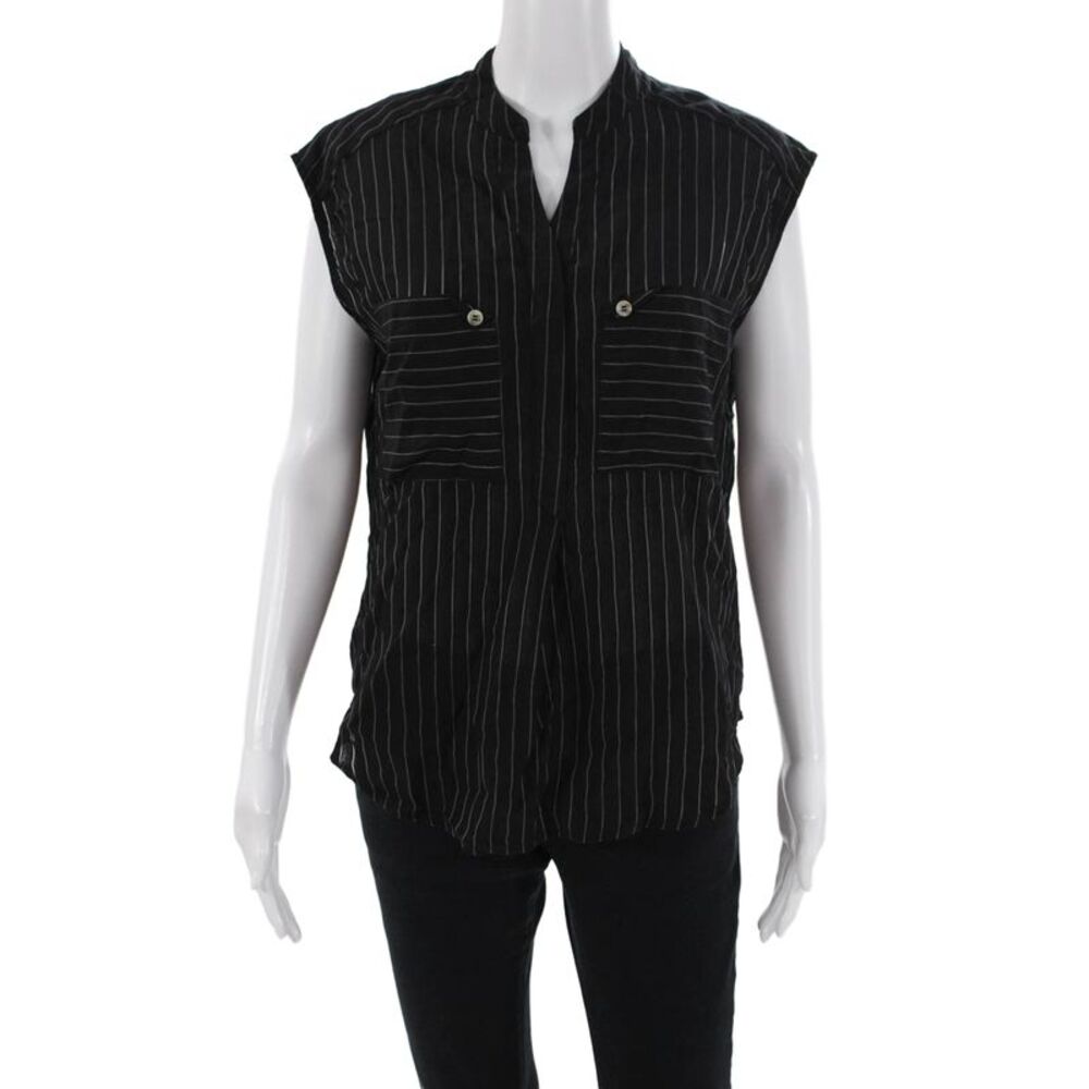 Maac Womens Striped Print Collared Sleeveless Buttoned Blouse Top Black Size S